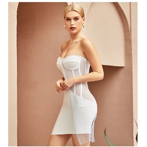 WHITE STRAPLESS BANDAGE DRESS LACE OVERLAY CORSET - Picture 11 of 16